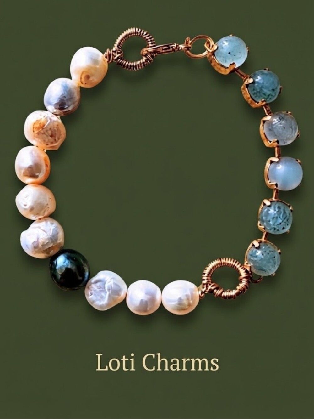 Natural Green Jade & White Baroque Pearls In Handcrafted Gold Plated Bracelet